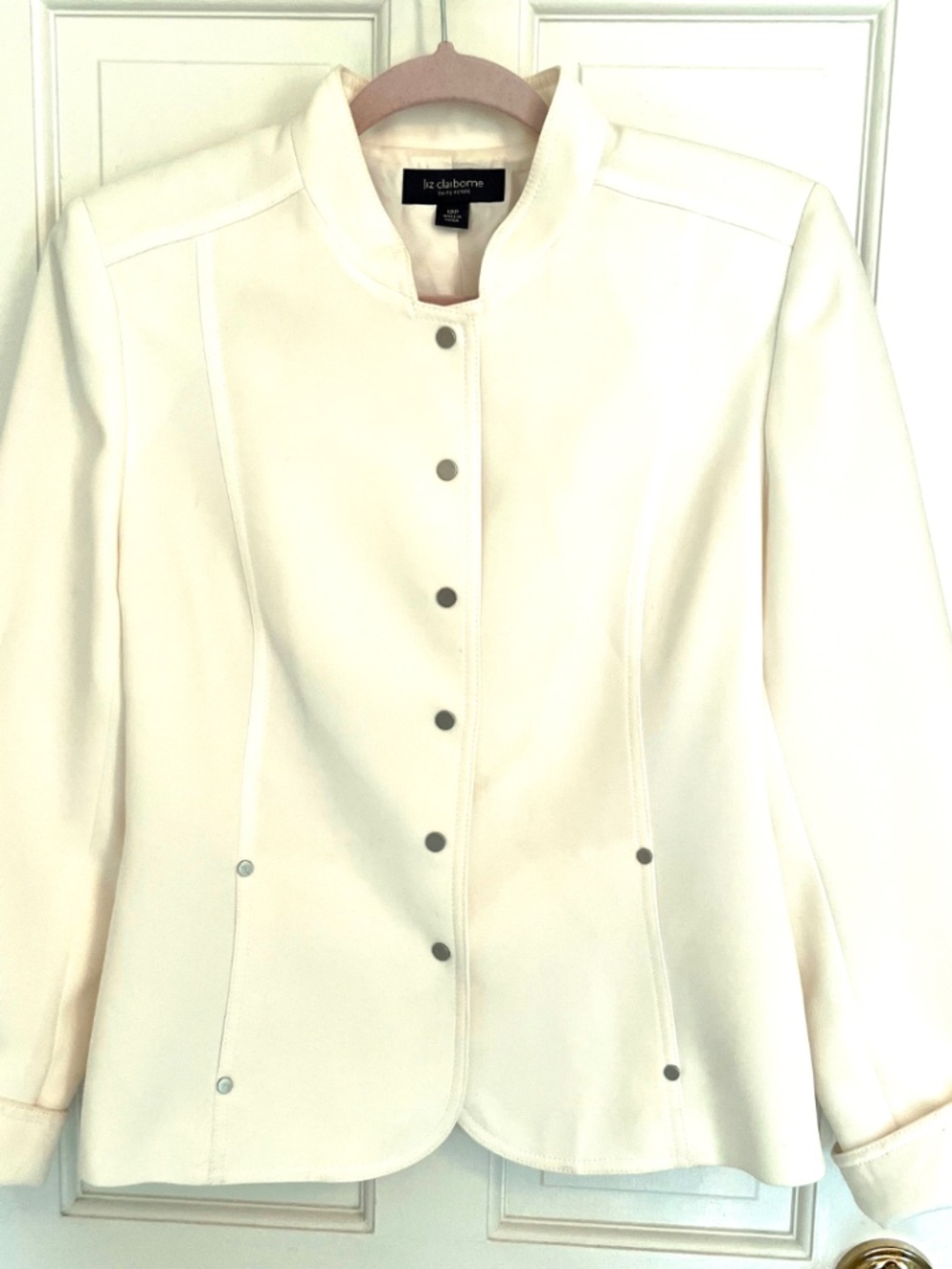 Vintage 90s Liz Claiborne Ivory Minimalist Snap Front Jacket | 12 Petite